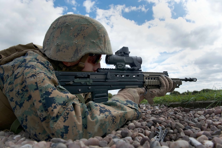 Sgt. Aaron Meares, a competitor with the Marine Corps Shooting Team, prepares to fire an SA80 A2 rifle, Sept. 11, 2016, at Altcar Training Camp, Merseyside, England. The Marines will be firing these weapons during the Royal Marines Operational Shooting Competition from September 6-22, 2016.  The U.S. Marines are competing against the Royal Netherlands Marine Corps and the Royal Marines. The U.S. Marines are with Weapons Training Battalion, Marine Corps Base Quantico, Virginia.