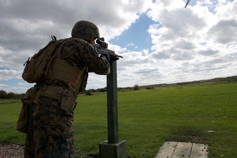 Sgt. Martin Lucero, a competitor with the Marine Corps Shooting Team, practices firing the SA80 A2 rifle from a supported standing position, Sept. 11, 2016, at Altcar Training Camp, Merseyside, England. The Marines will be firing these weapons during the Royal Marines Operational Shooting Competition from September 6-22, 2016.  The U.S. Marines are competing against the Royal Netherlands Marine Corps and the Royal Marines. The U.S. Marines are with Weapons Training Battalion, Marine Corps Base Quantico, Virginia.