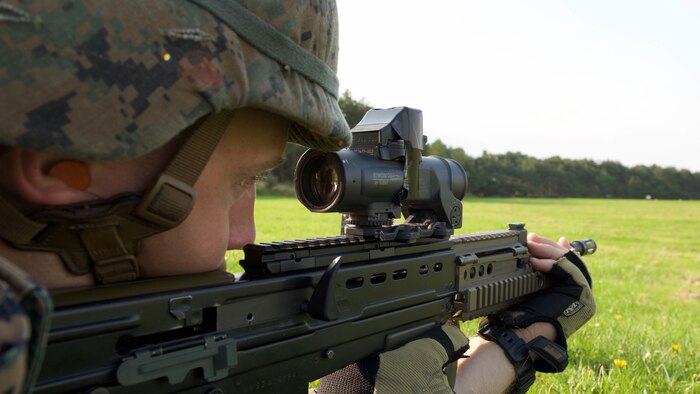 Capt. William Cunningham aims a SA80 A2 rifle, Sept. 13, 2016, at Altcar Training Camp, Merseyside, England. Cunningham is participating in a practice match during the Royal Marines Operational Shooting Competition from Sept. 6-22, 2016.  The U.S. Marines are competing against the Royal Netherlands Marine Corps and the Royal Marines. Cunningham is with Weapons Training Battalion, Marine Corps Base Quantico, Virginia.