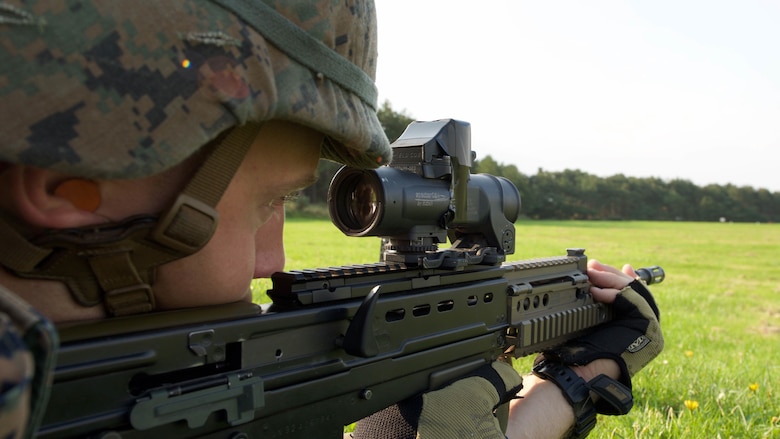 Capt. William Cunningham aims a SA80 A2 rifle, Sept. 13, 2016, at Altcar Training Camp, Merseyside, England. Cunningham is participating in a practice match during the Royal Marines Operational Shooting Competition from Sept. 6-22, 2016.  The U.S. Marines are competing against the Royal Netherlands Marine Corps and the Royal Marines. Cunningham is with Weapons Training Battalion, Marine Corps Base Quantico, Virginia.