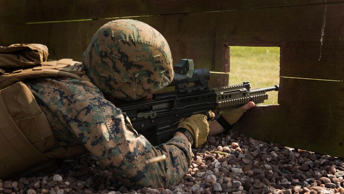 A U.S. Marine with the Marine Corps Shooting Team fires at a target while in the prone position Sept. 14, 2016, at Altcar Training Camp, Merseyside, England. The Marines are competing in the Royal Marines Operational Shooting Competition, from September 6-22, 2016.  The U.S. Marines are competing against the Royal Netherlands Marine Corps and the Royal Marines. The U.S. Marine is with Weapons Training Battalion, Marine Corps Base Quantico, Virginia.
