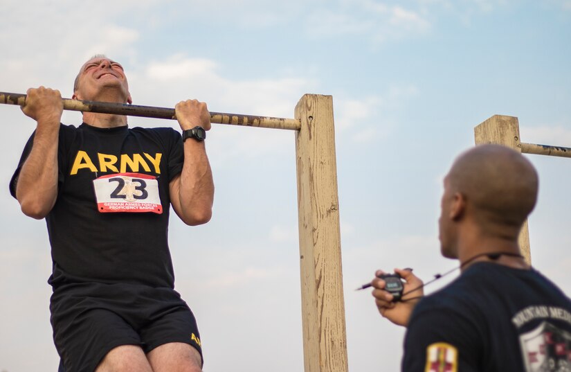 A U.S. Soldier holds on tight during the flexed-arm hang test for the German Armed Forces Proficiency Badge event Aug. 2, 2016 at Camp Arifjan, Kuwait. Sixty-five service members from U.S. Army Central’s area of operations earned their GAFPB by participating in a four-day competition that tested soldier speed, agility, strength and endurance.  (U.S. Army photo by Sgt. Angela Lorden)