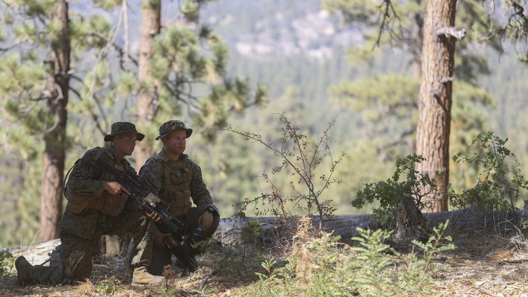 Private First Class Brady Hamilton (Left) and Lance Cpl. Alex Hall (Right) both team leaders with Company K, 3rd Battalion, 4th Marine Regiment, take a knee to discuss their next movement during mountain terrain training at Marine Corps Community Services Big Bear Recreation Center, Big Bear Lake, Calif., Sept. 7, 2016. The knowledge the Marines gained in the mountains of Big Bear will better equip and prepare the Marines for the battalion’s next exercise at Marine Corps Mountain Warfare Training Center, Bridgeport, California. 
