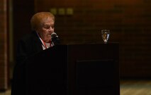 Toni Martin, spouse of former prisoner of war Andrew Martin, tells her deceased husband’s story of service in the military Sept. 16, 2016, during the POW/MIA Remembrance luncheon at Joint Base Lewis-McChord, Wash. Martin was held as POW in Italy during World War II. (U.S. Air Force photo/Senior Airman Jacob Jimenez) 