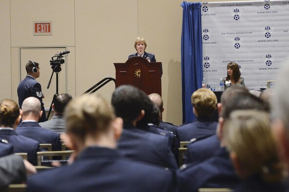 Chief of Air Force Reserve Lt. Gen. Maryanne Miller discusses protecting, building and shaping the future of the Reserve during Air Force Association's Air, Space, Cyber Conference in National Harbor, Md., Sept. 20, 2016. (U.S. Air Force photo/Andy Morataya)