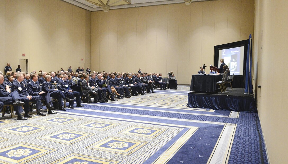 Chief of Air Force Reserve Lt. Gen. Maryanne Miller discusses protecting, building and shaping the future of the Reserve during Air Force Association's Air, Space, Cyber Conference in National Harbor, Md., Sept. 20, 2016. (U.S. Air Force photo/Andy Morataya)