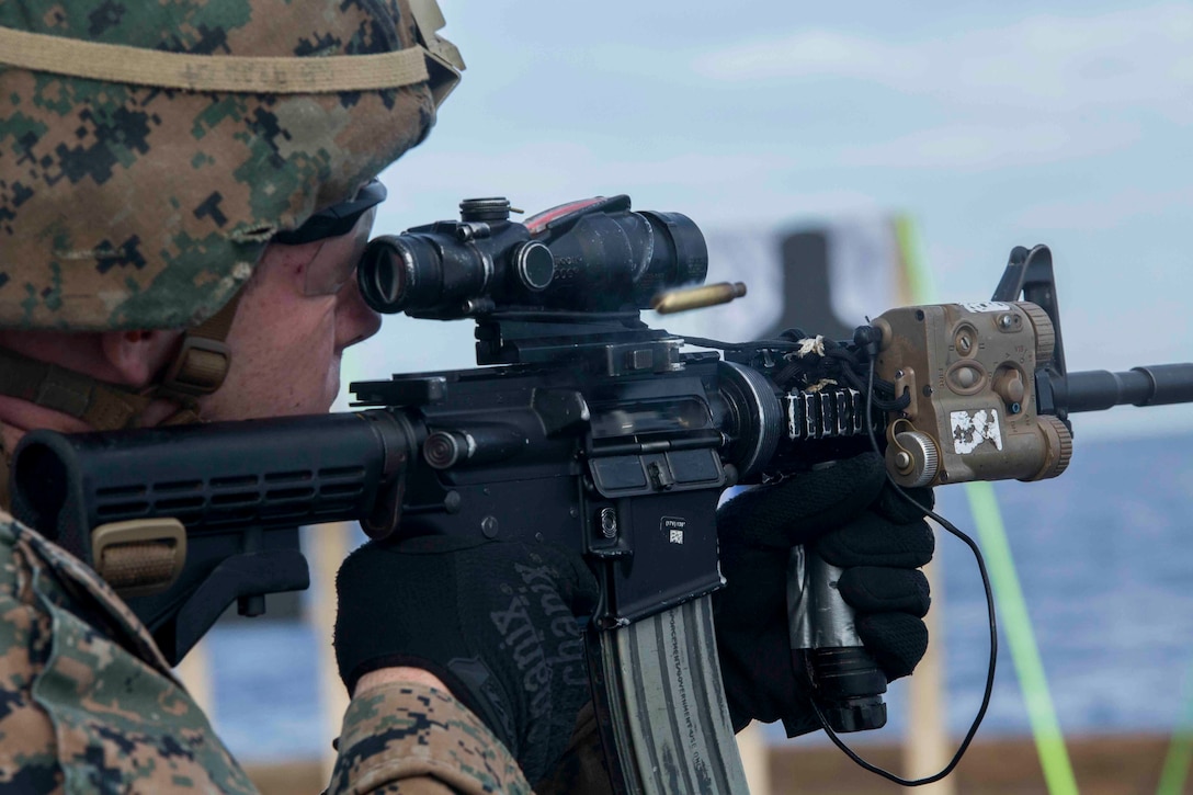 Marines with Company G, Battalion Landing Team, 2nd Battalion, 4th Marine Regiment, 31st Marine Expeditionary Unit, conduct a deck shoot aboard the USS Germantown (LSD 48), Sept. 13, 2016. The Marines of BLT 2/4 conducted marksmanship training as a part of the 31st MEU’s annual fall patrol of the Pacific. As the Marine Corps’ only continuously forward deployed unit, the 31st MEU is prepared to respond to a wide range of military operations, from humanitarian assistance missions to limited combat operations, at a moment’s notice. As a balanced air-ground-logistics team, the 31st MEU is ready to respond throughout the Asia-Pacific region. 