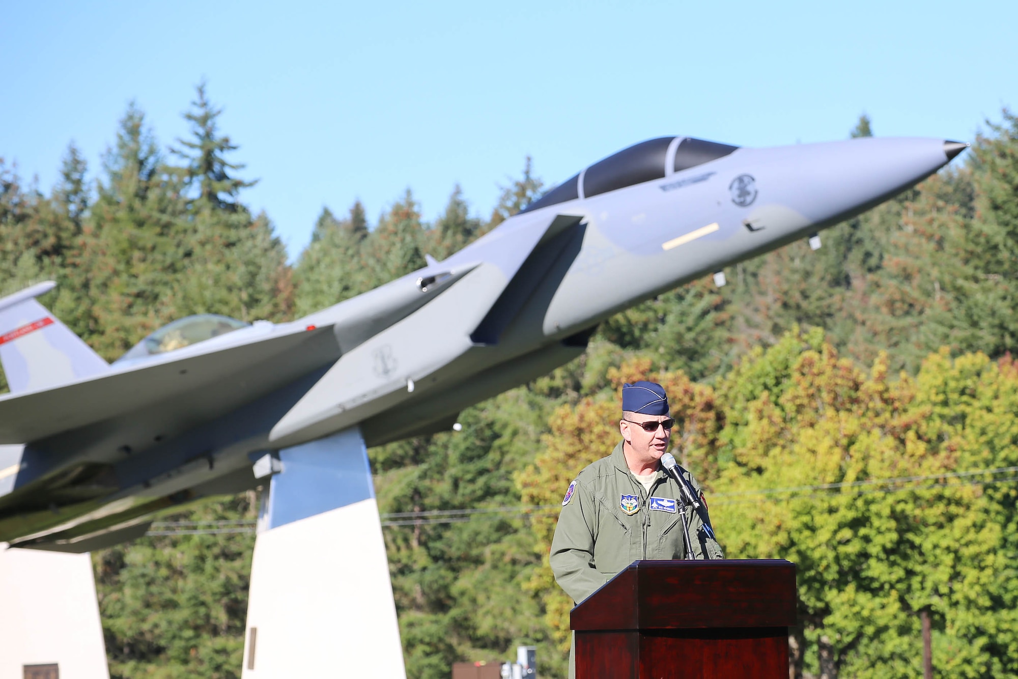 The Western Air Defense Sector holds a formal dedication ceremony Sept. 13 at the WADS Air Park for a McDonnell Douglas F-15A Eagle.  The guest speaker, Col. Robert Hehemann, the Individual Mobilization Augmentee assigned to the NORAD/US NORTHERN Command J3 Operations Division, highlights the F-15 capabilities and its role in NORAD air defense.  The WADS has been guarding America's skies in the same building 24/7 since 1960 and regularly uses F-15 alert aircraft to perform its mission. (U.S. National Guard photo by Capt. Joseph Siemandel)
