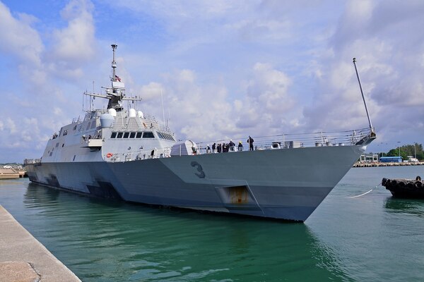 In this file photo, USS Fort Worth (LCS 3) departs Singapore in August. 
