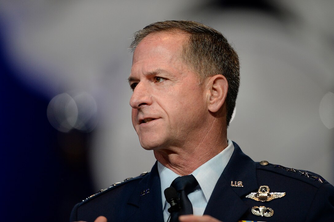 Air Force Chief of Staff Gen. Dave Goldfein gives his first "Air Force Update," during the Air Force Association's Air, Space and Cyber Conference in National Harbor, Md., Sept. 20, 2016. The 21st chief of staff announced his three focus areas: to revitalize squadrons, develop joint leaders and teams, and improve command and control. (U.S. Air Force photo/Scott M. Ash)  