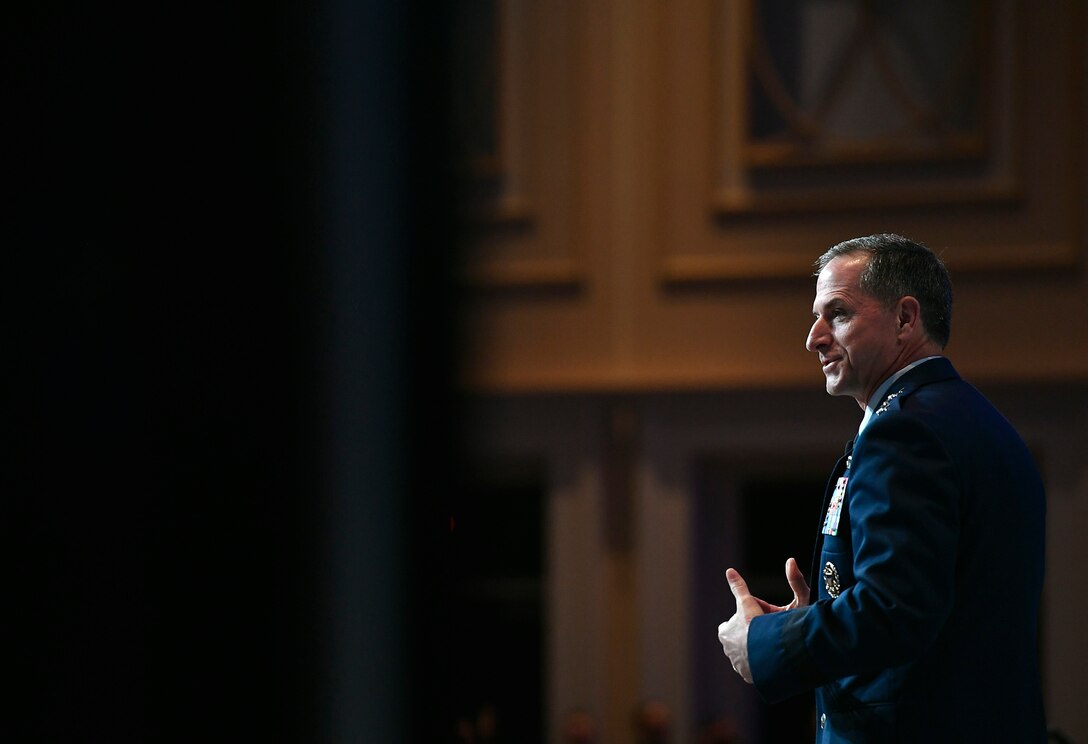 Air Force Chief of Staff Gen. Dave Goldfein gives his first "Air Force Update," during the Air Force Association's Air, Space and Cyber Conference in National Harbor, Md., Sept. 20, 2016. The 21st chief of staff announced his three focus areas: to revitalize squadrons, develop joint leaders and teams, and improve command and control. (U.S. Air Force photo/Tech. Sgt. Anthony Nelson Jr.)  