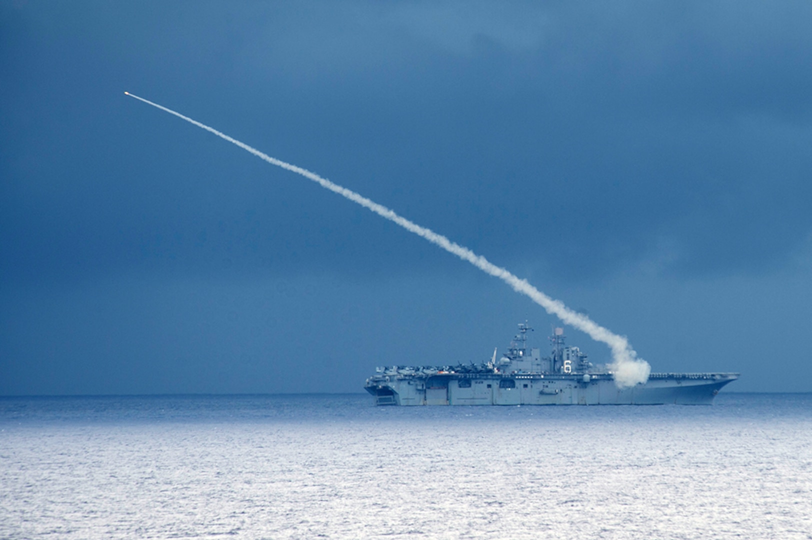 The Wasp-class amphibious assault ship USS Bonhomme Richard (LHD 6) fires a Sea Sparrow missile during a missile exercise during Valiant Shield, Sept. 18, 2016. Valiant Shield 16 is a biennial, U.S.-only, field training exercise (FTX) with a focus on integration of joint training among U.S. forces. Germantown, part of the Bonhomme Richard Expeditionary Strike Group with embarked 31st Marine Expeditionary Unit, is participating in Valiant Shield in an effort to increase naval integration and joint capabilities in the event of conflict, contingency, or disaster relief. 