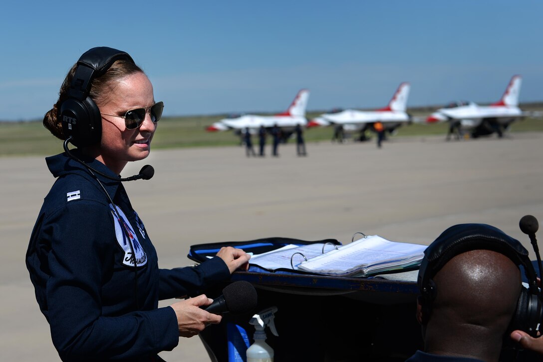 U.S. Air Force Thunderbird 12, Capt. Sara Harper, is the public affairs officer for the Thunderbirds demonstration team and narrated the practice air show at Sheppard Air Force Base, Texas, Sept. 16, 2016. Harper is responsible for extensive marketing, recruiting and publicity programs. She began her career at Sheppard in 2010, returning to bring the world-famous Thunderbirds for Sheppard’s 75th Anniversary Air Show. (U.S. Air Force photo by Senior Airman Kyle E. Gese)