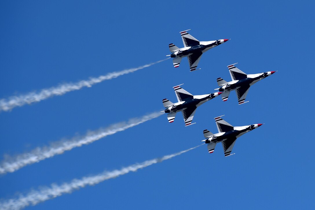 The U.S. Air Force Thunderbirds fly in a close air formation during the Sheppard Air Force Base, Texas, practice air show, Sept. 16, 2016. The Air Force Thunderbirds demonstrate the capabilities of the U.S. Air Force and the decisive combat power Airmen bring to threats against the United States. (U.S. Air Force photo by Senior Airman Kyle E. Gese)