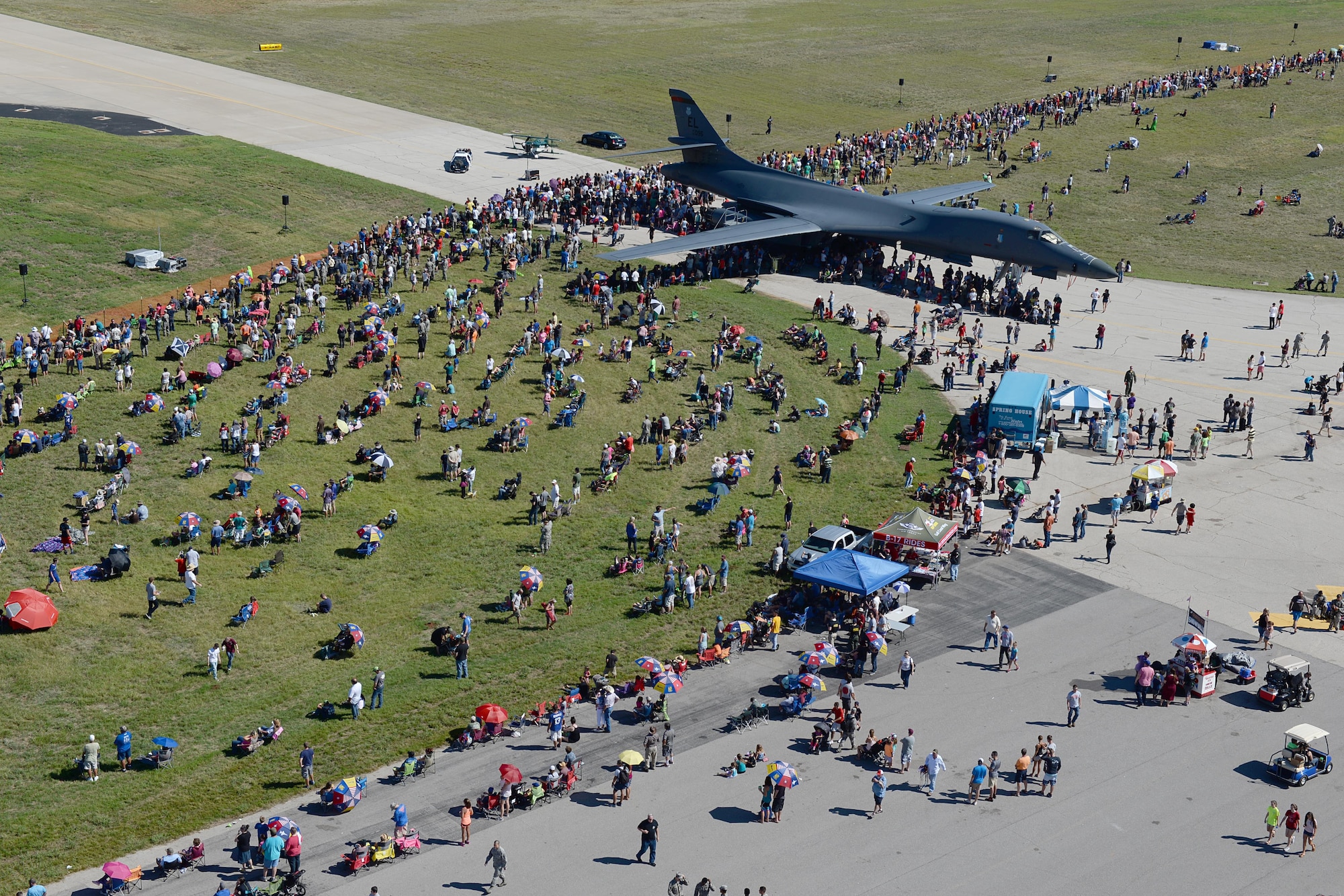 Thousands of people from Wichita Falls and neighboring communities attend the 75th Anniversary Open House and Air Show Celebration on Sheppard Air Force Base, Texas, Sept. 17, 2016. The celebration had numerous performers such as the Tora Tora Tora Pearl Harbor reenactment, the Air Force Wings of Blue, skydiver Dana Bowman, Viper Air Show jet car and solo demo, Randy Ball’s Mig 17 and Vietnam T-37 demo, Kent Pietsch Jelly Belly comedy air act, Texas Raiders B-17 WWII demo, Freedom Flyers P-51 WWII demo, and the world-famous U.S. Air Force Thunderbirds. (U.S. Air Force photo by Senior Airman Kyle E. Gese)