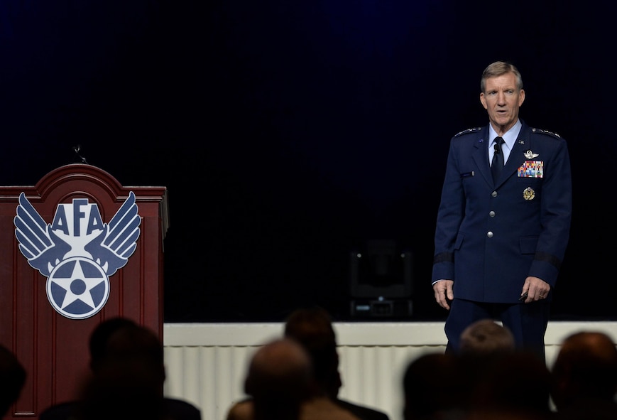 Gen. Hawk Carlisle, the Air Combat Command commander, speaks during the Air Force Association's Air, Space and Cyber Conference in National Harbor, Md., Sept. 20, 2016. Carlisle highlighted the efforts of Airmen in the joint fight and encouraged the Air Force’s partnership with industry. (U.S. Air Force photo/Staff Sgt. Whitney Stanfield)
