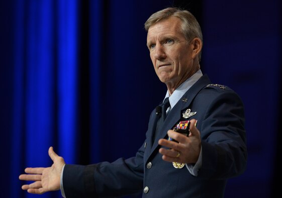 U.S. Air Force Gen. Hawk Carlisle, commander Air Combat Command, speaks during Air Force Association's Air, Space and Cyber Conference in National Harbor, Md., Sept. 20, 2016. ACC operates more than 1,300 aircraft, 34 wings, 19 bases, and more than 70 operating locations worldwide with 94,000 active-duty and civilian personnel. (U.S. Air Force photo/Staff Sgt. Whitney Stanfield)
