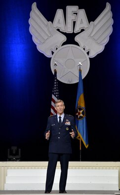 U.S. Air Force Gen. Hawk Carlisle, commander Air Combat Command, speaks during the Air Force Association's Air, Space and Cyber Conference in National Harbor, Md., Sept. 20, 2016. ACC provides conventional and information warfare forces to all unified commands to ensure air, space and information superiority for warfighters and national decision-makers. (U.S. Air Force photo/Staff Sgt. Whitney Stanfield)
