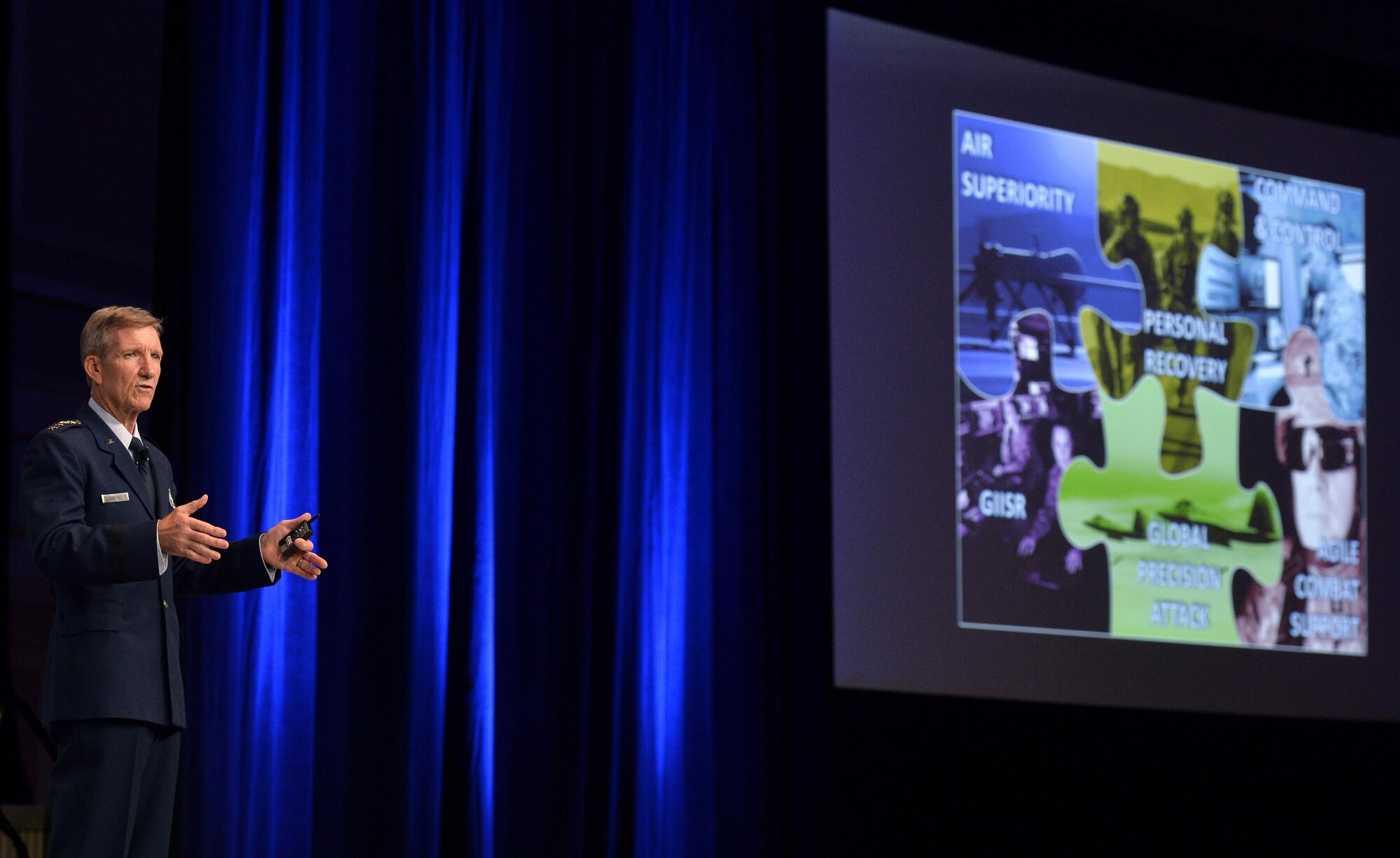 Gen. Hawk Carlisle, the Air Combat Command commander, speaks during Air Force Association's Air, Space and Cyber Conference in National Harbor, Md., Sept. 20, 2016. ACC provides conventional and information warfare forces to all unified commands to ensure air, space and information superiority for warfighters and national decision-makers. (U.S. Air Force photo/Staff Sgt. Whitney Stanfield)
