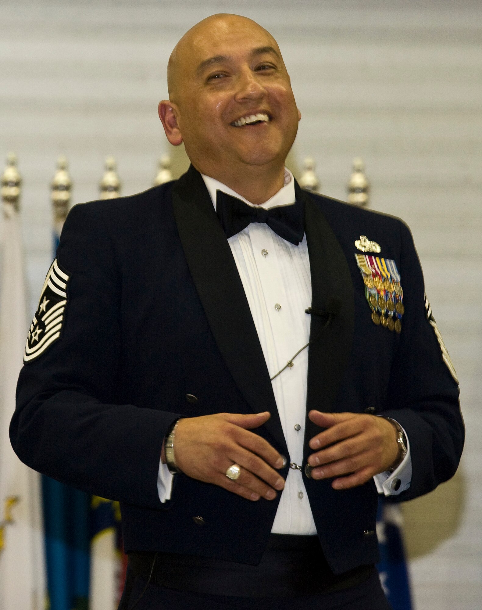 Chief Master Sgt. Jose Barraza, 12th Air Force command chief, engages with the crowd during his speech at Minot Air Force Base, N.D., Sept. 17, 2016. Barraza was the guest speaker at the 2016 Air Force Ball at Minot AFB. (U.S. Air Force photo/Airman 1st Class Jonathan McElderry)