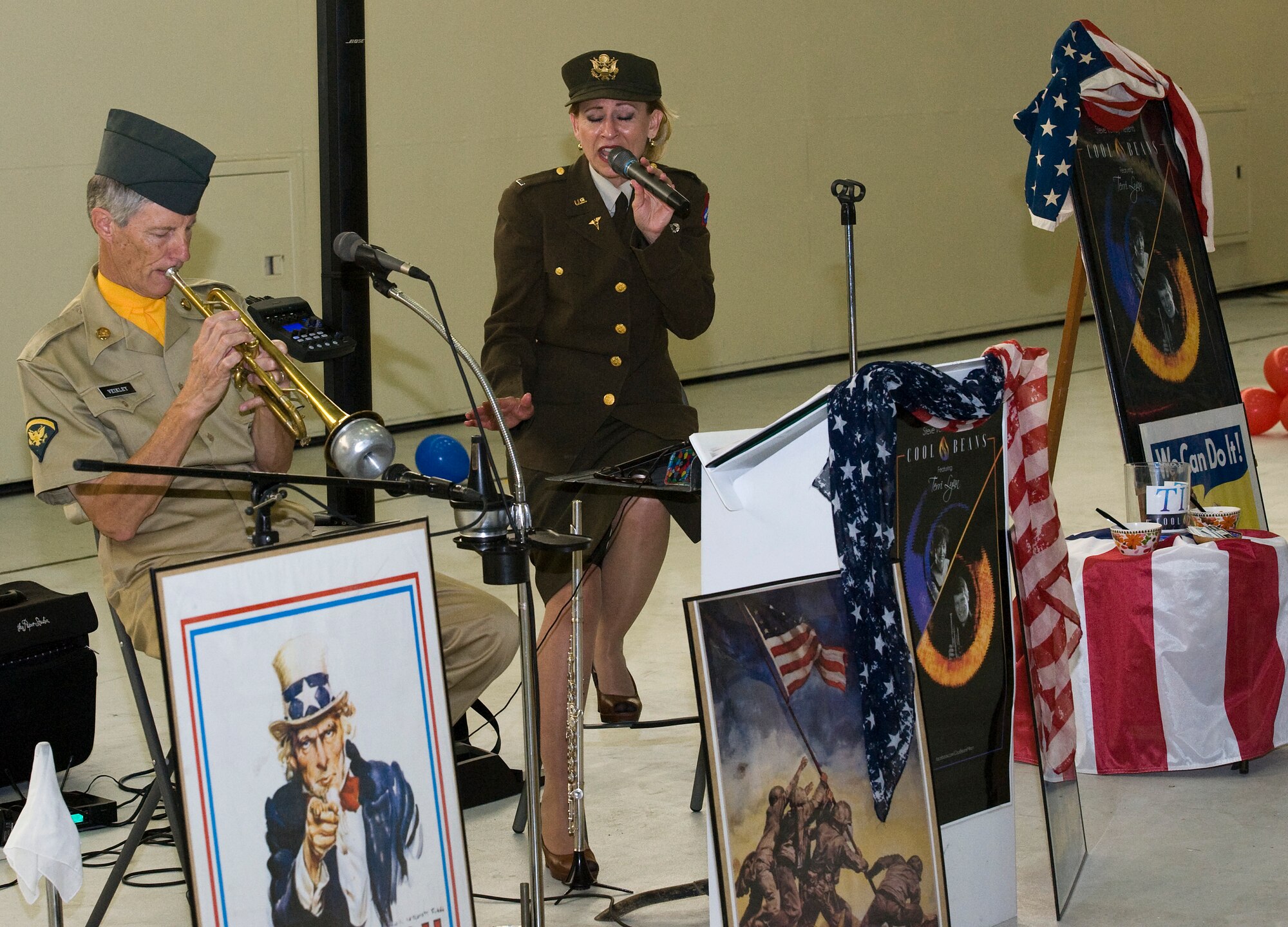 Members of a local band perform various songs during the 2016 Air Force Ball at Minot Air Force Base, N.D., Sept. 17, 2016. The musicians wore vintage World War II uniforms during the event, which hosted approximately 541 people. (U.S. Air Force photo/Airman 1st Class Jonathan McElderry)