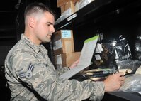 U.S. Air Force Senior Airman George Henry Lintala III, 325th Aircraft Maintenance Squadron supply journeyman, performs an aircraft part inventory check for at the 43rd Aircraft Munitions Unit on Tyndall AFB, Fla., Sept. 12, 2016. Lintala is a recent Airman Leadership School graduate and will promote to staff sergeant next year. (U.S. Air Force photo by Senior Airman Ty-Rico Lea/Released)
