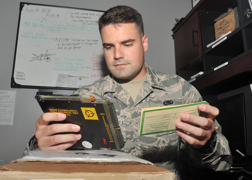 U.S. Air Force Senior Airman George Henry Lintala III, 325th Aircraft Maintenance Squadron supply journeyman, carefully identifies an aircraft part with its serial number code at the 43rd Aircraft Munitions Unit on Tyndall AFB, Fla., Sept. 12, 2016. In Airman Leadership School, Lintala learned the transformational leadership style of idealized Inspiration. Once he receives a subordinate, he plans practice this leadership style by demonstrating proper Air Force principles. (U.S. Air Force photo by Senior Airman Ty-Rico Lea/Released)