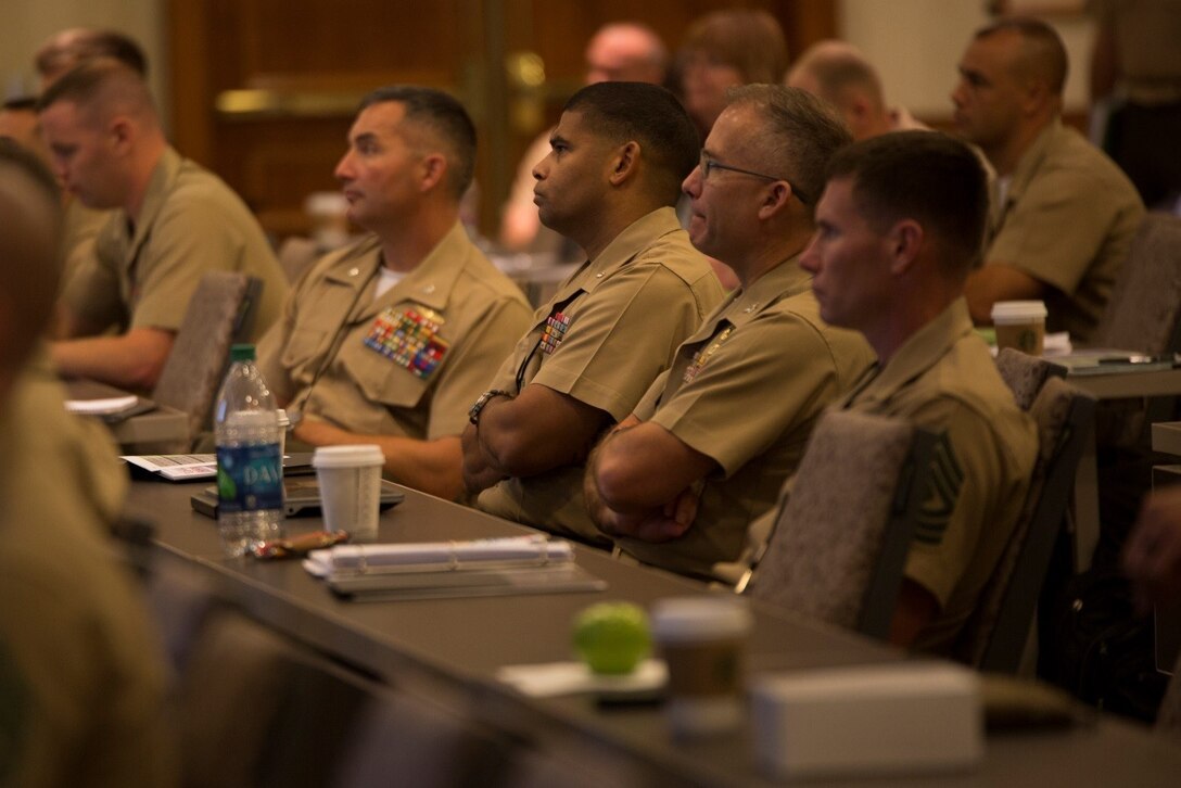 Inspector-Instructor Marines from various Marine Forces Reserve units listen to a presentation regarding G-1 matters during the 2016 I&I Conference here, Sept. 20, 2016. The Marines gathered to share strategies for operation improvements as well as to gain knowledge on resources available to them. (U.S. Marine Corps photo by Cpl. Melissa Martens/ Released) 