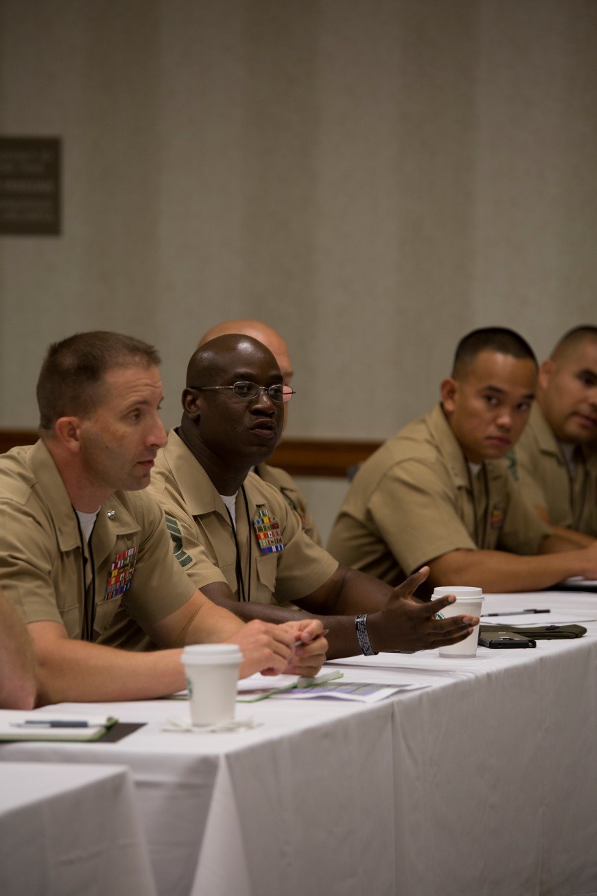 Inspector-Instructor Marines from various Marine Forces Reserve units take part in the MARFORRES leadership panel during the 2016 Inspector-Instructor Conference here, Sept. 20, 2016. Inspector-Instructor Marines had the opportunity to share ideas and concerns with MARFORRES leaders on and what they need to improve operational efficiency in order to ensure mission accomplishment. (U.S. Marine Corps photo by Cpl. Melissa Martens/ Released)