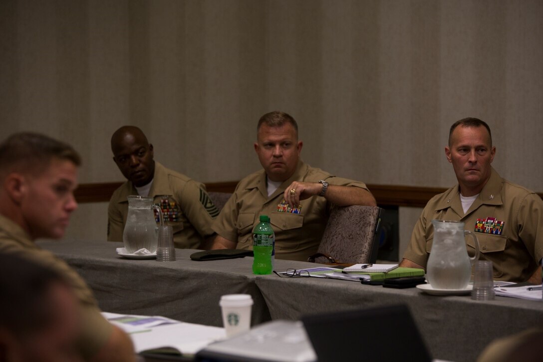 Leaders from Marine Forces Reserve field questions and concerns from Inspector-Instructor Marines during the 2016 I&I Conference here, Sept. 20, 2016. The conference gave I&I Marines an opportunity to interact with MARFORRES leaders to discuss issues and improvements that would aid in mission accomplishment. (U.S. Marine Corps photo by Cpl. Melissa Martens/ Released)