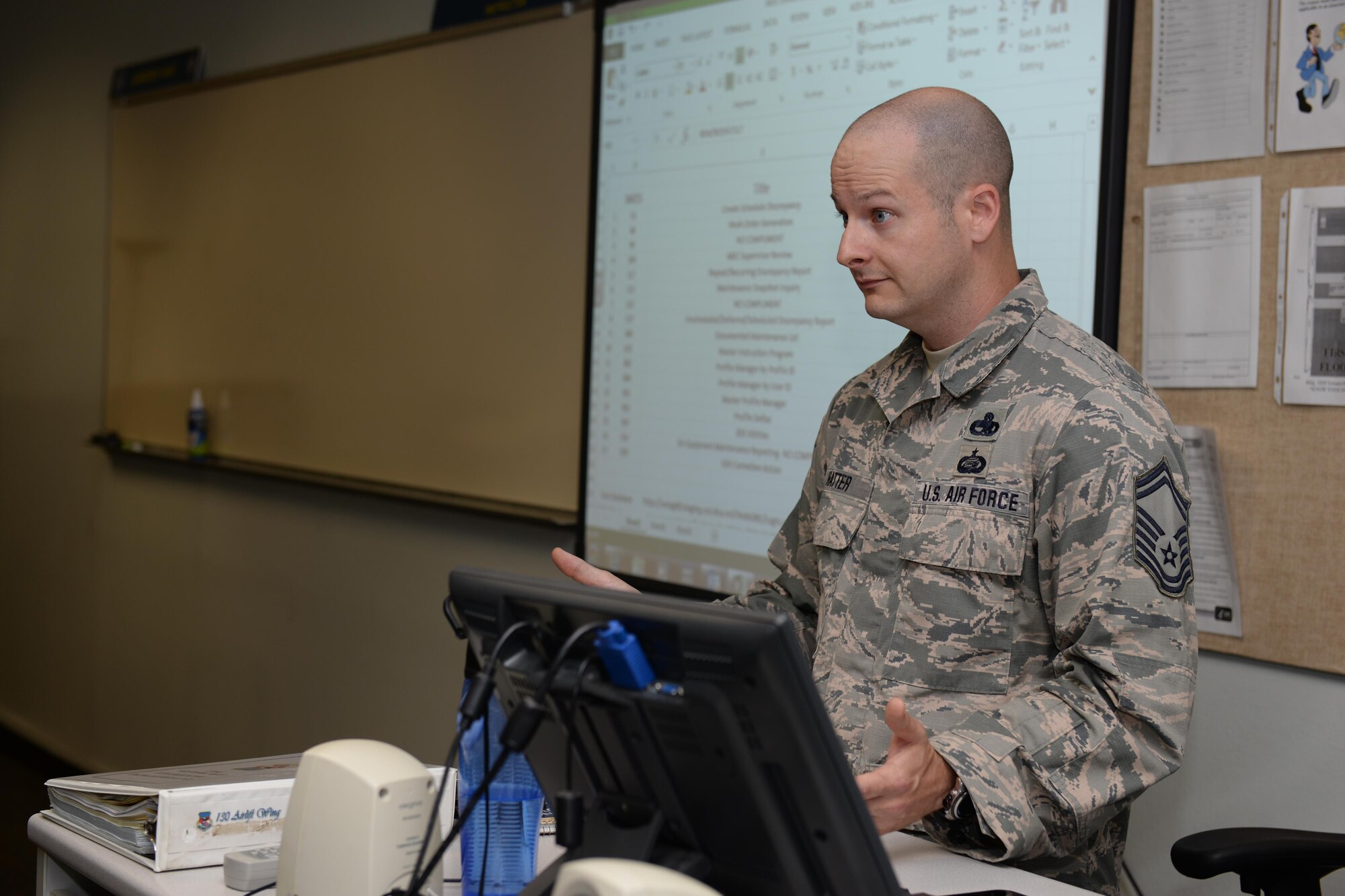 Senior Master Sgt. Adam Hatter, a database manager with the Air National Guard, provides supplemental training to the active Air Force Maintenance Management Analysis instructors at Sheppard Air Force Base, Texas, Sept. 13, 2016. Hatter was invited to Sheppard by the 363rd Training Squadron schoolhouse as a means to provide real-time information about a maintenance management analysis system called G081. (U.S. Air Force photo by Senior Airman Kyle E. Gese)