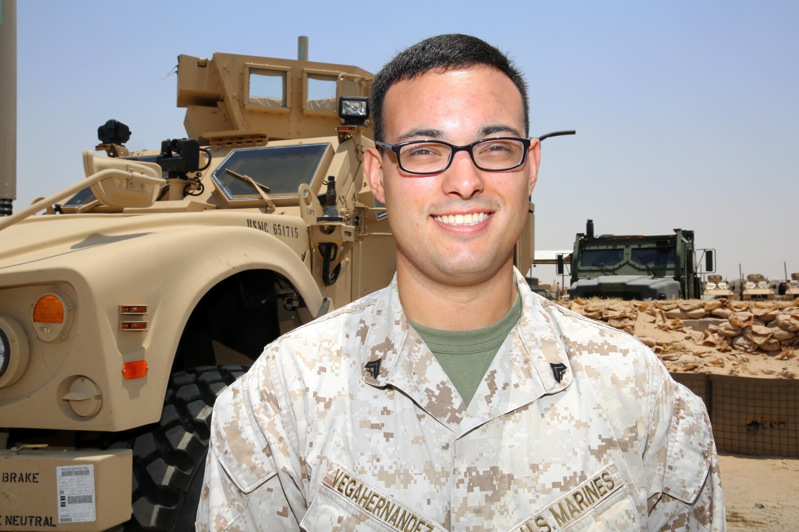 U.S. Marine Cpl. Ernesto VegaHernandez, of Kendall, Fla., is currently forward deployed as a motor transportation mechanic with Combat Logistics Battalion 5, Special Purpose Marine Air Ground Task Force – Crisis Response – Central Command. SPMAGTF – CR – CC is a self-sustaining expeditionary unit, designed to provide a broad range of crisis response capabilities throughout the Central Command area of responsibility, using organic aviation, logistical, and ground combat assets. Vega was a part of a select group of mechanics and communications maintainers from the unit who conducted joint limited technical inspections of recently refurbished Mine-Resistant Ambush Protected vehicles being shipped into countries like Iraq, where Marines are supporting Iraqi Security Forces in the fight against the Islamic State of Iraq and the Levant. (Photo by SSgt. Lynn Kinney/ Released) 