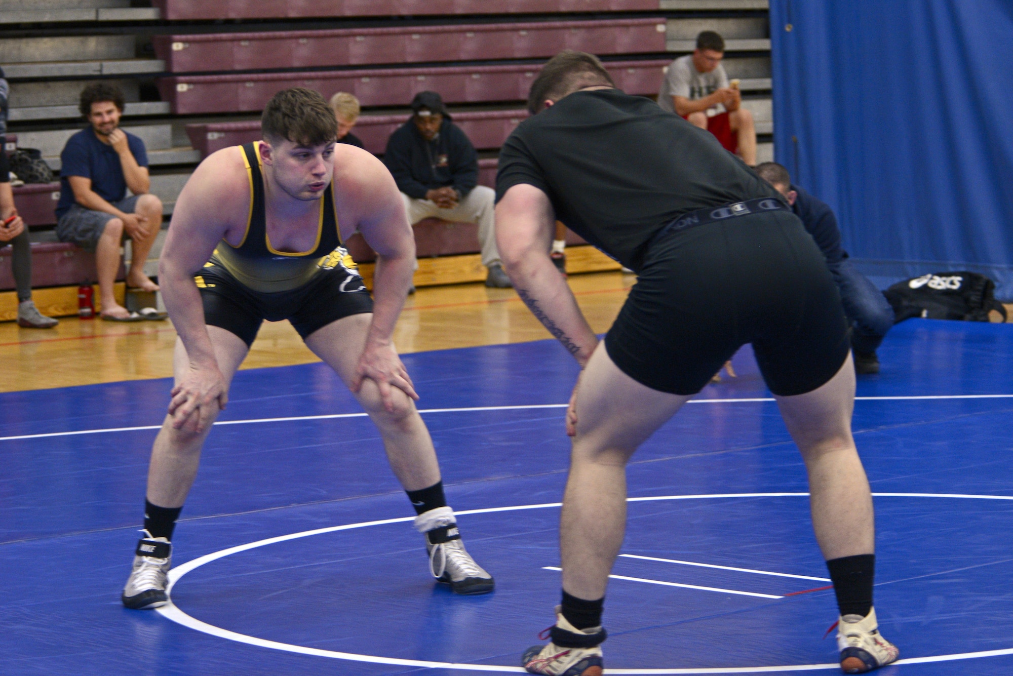 Dillon Brush, left, and Matthew Lopez, right, compete in an intramural wrestling meet at the Joint Base Elmendorf-Richardson’s Buckner Fitness Center, Sept. 14, 2016. The participants were split into six different weight categories, and medals were awarded to the top two in each category. Brush is assigned to the 673d Force Support Squadron and Lopez is assigned to the 2nd Battalion, 377th Parachute Field Artillery Regiment, 4th Brigade Combat Team (Airborne), 25th Infantry Division. 