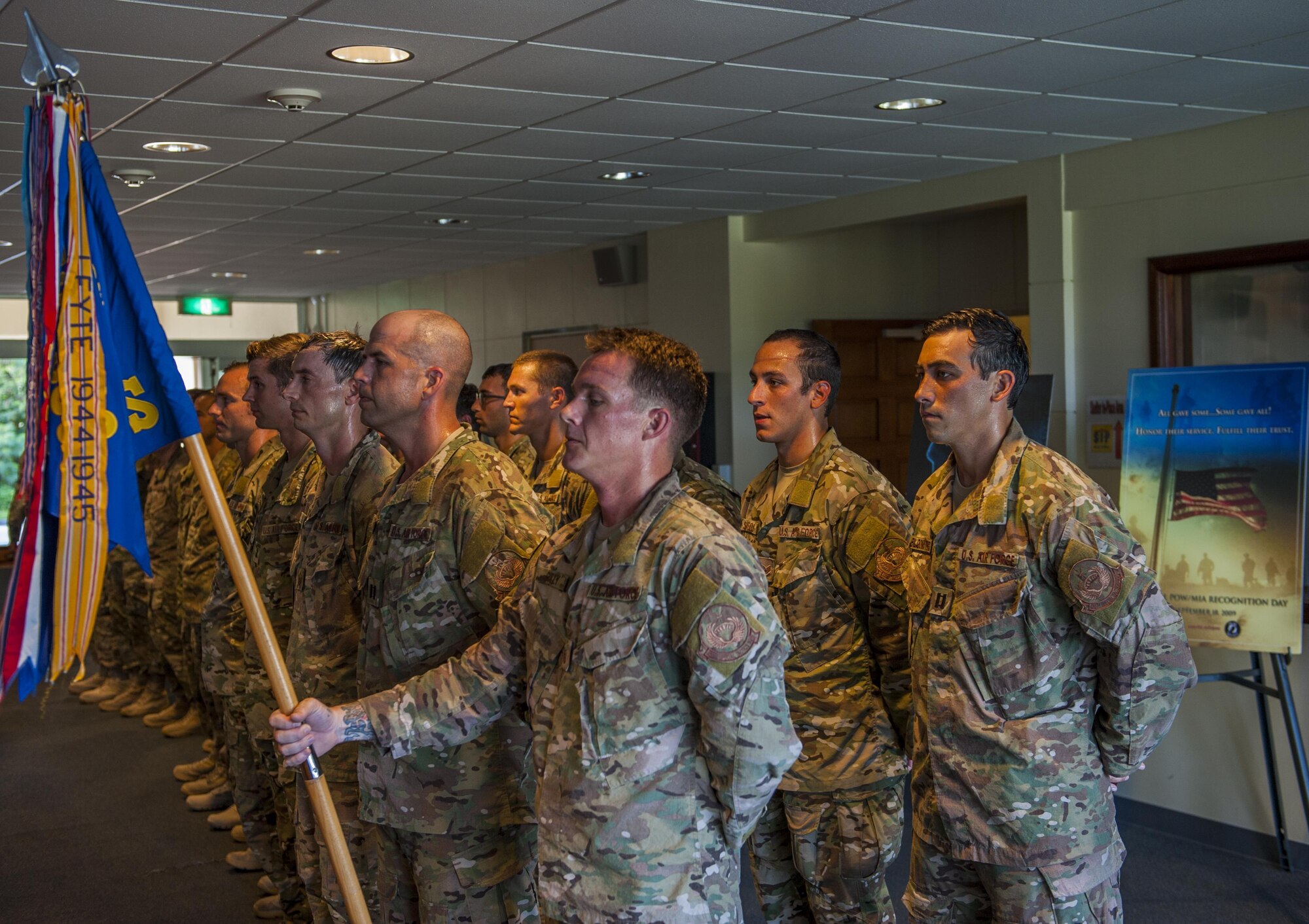 U.S. Air Force 320th Special Tactics Squadron members wait for the presentation of colors at the POW/MIA remembrance ceremony at Chapel One, Sept. 16, 2016, Kadena Air Base, Japan. Prisoners of war and people missing in action are a harsh reality of the risks associated with being military personnel; enlisted, commissioned or civilian. Once a year on the third Friday in September, those who still maintain POW/MIA status are honored and remembered. (U.S. Air Force Photo by Airman 1st Class Nick Emerick)  