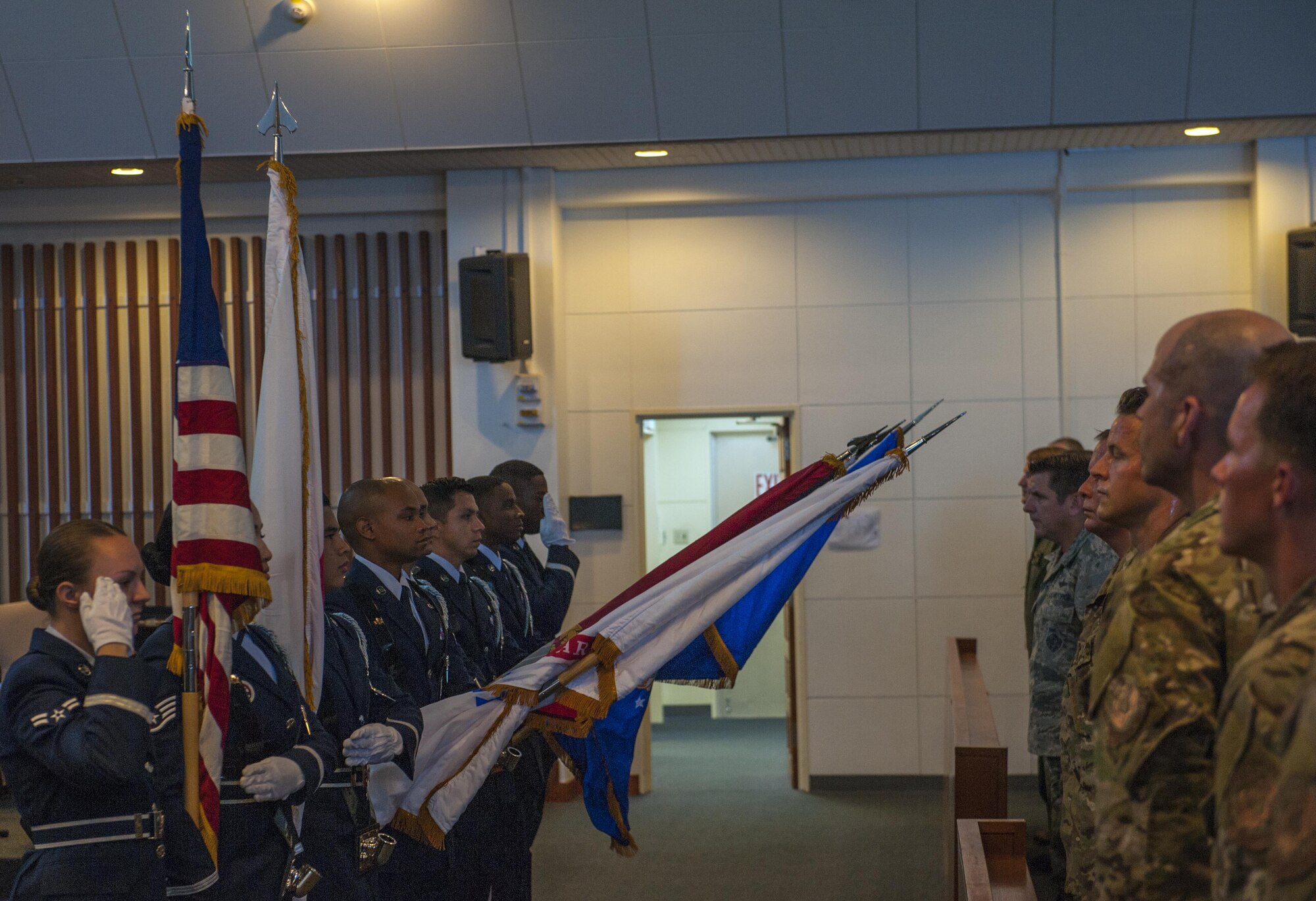 U.S. Air Force 18th Wing Honor Guard members present the colors at the POW/MIA remembrance ceremony at Chapel One, Sept. 16, 2016, Kadena Air Base, Japan. Kadena held several events in reverence of the remarkable sacrifices of all POW/MIA’s, including a 24-hour marathon in which more than 2,200 miles were run and 2,000 names were read. (U.S. Air Force Photo by Airman 1st Class Nick Emerick)  