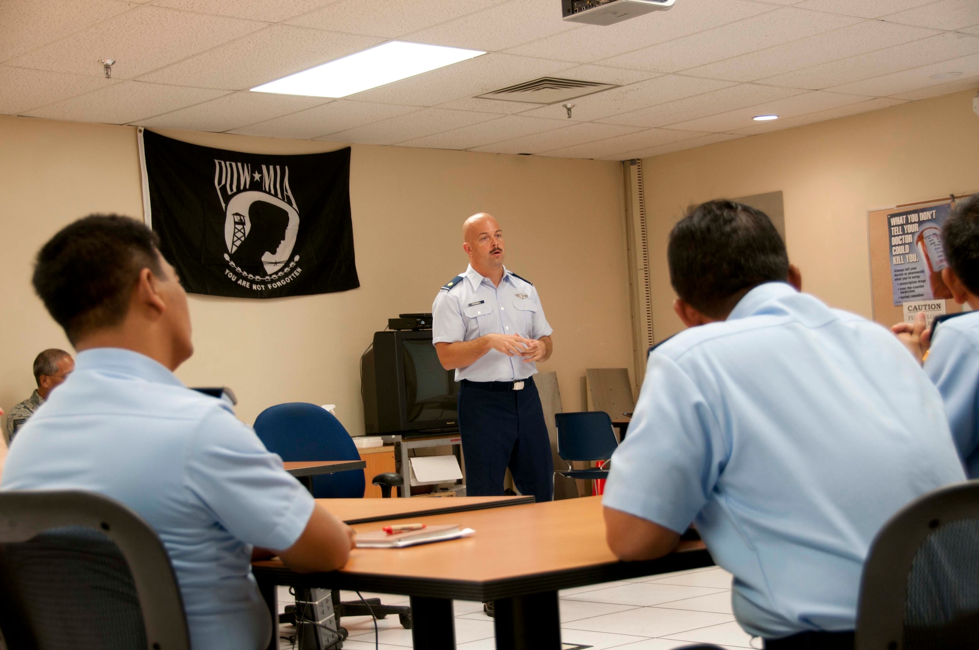 U.S. Air Force Maj. Michael O'Donnell, mission crew commander from the Hawaii Air National Guard's 169th Air Defense Squadron, briefs the Indonesian delegates on the first day of the Subject Matter Expert Exchange for the State Partnership Program on Wheeler Army Airfield, Hawaii on Aug. 30, 2016. The State Partnership Program is administered by the National Guard Bureau, guided by State Department foreign policy goals, and executed by the state adjutants general in support of combatant commander of U.S. Chief of Mission security cooperation objectives and Department of Defense policy goals. (U.S. Air National Guard photo by Airman 1st Class Stan Pak/released) 