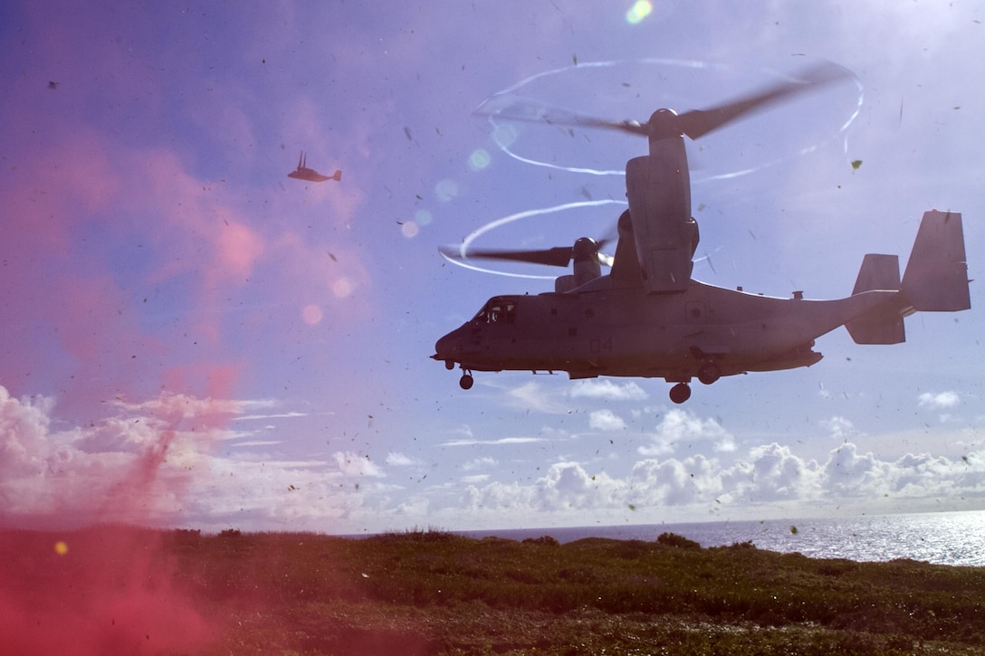 A MV-22B Osprey belonging to Marine Medium Tiltrotor Squadron 262 (Reinforced) prepares to land on Farallon de Medinilla Range, Commonwealth Northern Mariana Islands, Sept. 16, 2016. The Osprey landed in support of Marines with Weapons Company, Battalion Landing Team, 2nd Battalion, 4th Marine Regiment, who conducted 81 mm mortar-fire training on the uninhabited targeting range as part of Valiant Shield 16. Valiant Shield 16 is a biennial field training exercise designed to develop the integration of joint U.S. forces. The training enables real-world proficiency of joint forces to detect, locate, track and engage units - at sea, in the air, on land, and in cyberspace - to prepare for a range of possible military operations. 