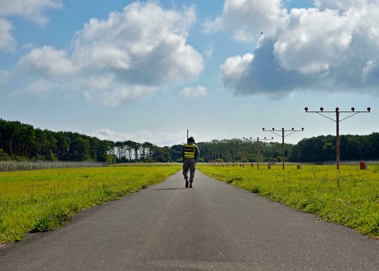 U.S. Air Force Master Sgt. Curtis Campbell, the bird aircraft strike coordinator with the 35th Fighter Wing, watches a bird fly over the flightline at Misawa Air Base, Japan, Sept. 15, 2016. The BASH team is responsible for patrolling the airfield and eliminating any hazards, including bird migration, which could cause problems for takeoffs and landings. (U.S. Air Force photo by Senior Airman Deana Heitzman)