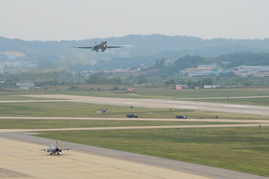A B-1B Lancer assigned to Andersen Air Base, Guam, performs a low level flight over Osan Air Base, Republic of Korea, Sept. 21, 2016. The B-1 is the backbone of the U.S. long-range bomber mission and is capable of carrying the largest payload of both guided and unguided weapons in the Air Force inventory. The flight was the closest a B-1 has ever flown to the border between the Republic of Korea and North Korea. (U.S. Air Force photo by Senior Airman Dillian Bamman)