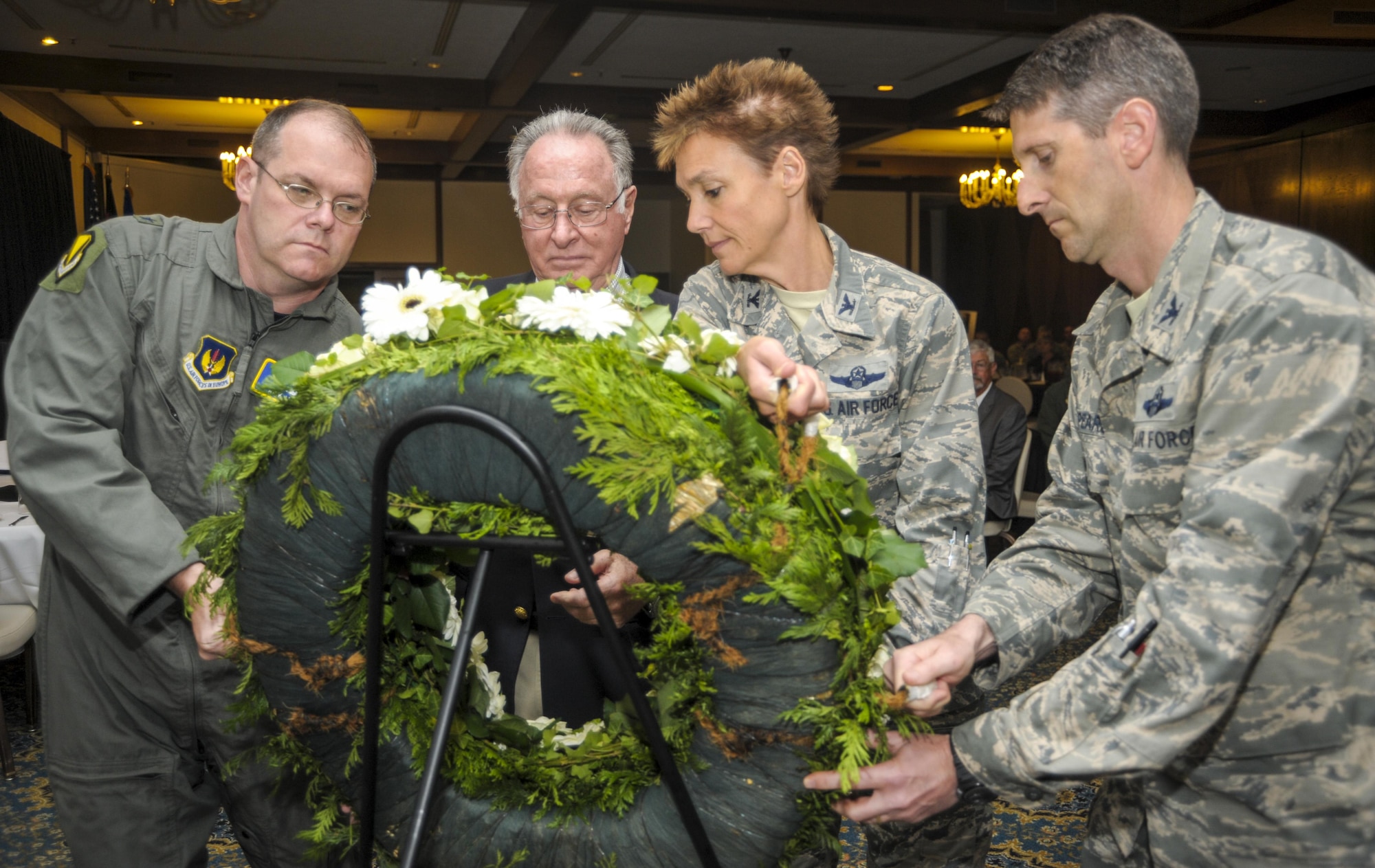 Retired U.S. Air Force Lt. Col Melvin Pollack, center left, joins leaders from Team Ramstein as they lay a wreath in remembrance of the past and present service members listed as prisoners of war or missing in action Sept. 16, 2016, at Ramstein Air Base, Germany. The wreath-laying ceremony, which was held on POW/MIA Recognition Day, was the culmination of Team Ramstein’s weeklong commemorations. (U.S. Air Force photo/Staff Sgt. Timothy Moore)