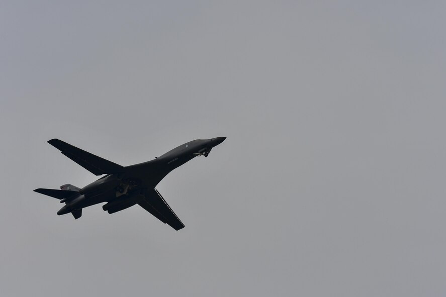 A U.S. Air Force B-1B Lancer deployed from Andersen Air Base, Guam, performs a low pass at Osan Air Base, Republic of Korea, Sept. 21, 2016. The Lancer had just conducted its closest flight to the North Korean border ever. The B-1 is the backbone of the U.S. long-range bomber mission and is capable of carrying the largest payload of both guided and unguided weapons in the Air Force inventory. (U.S. Air Force photo by Senior Airman Victor J. Caputo)