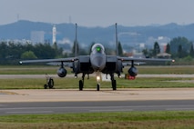 A Republic of Korea air force F-15K Slam Eagle taxis off the runway at Osan Air Base, Republic of Korea, Sept. 21, 2016. Several fighter aircraft, including the F-15K, escorted a B-1B Lancer deployed from Andersen Air Base, Guam, to Osan after a mission flying the B-1 closest to the North Korean border ever. (U.S. Air Force photo by Senior Airman Victor J. Caputo)