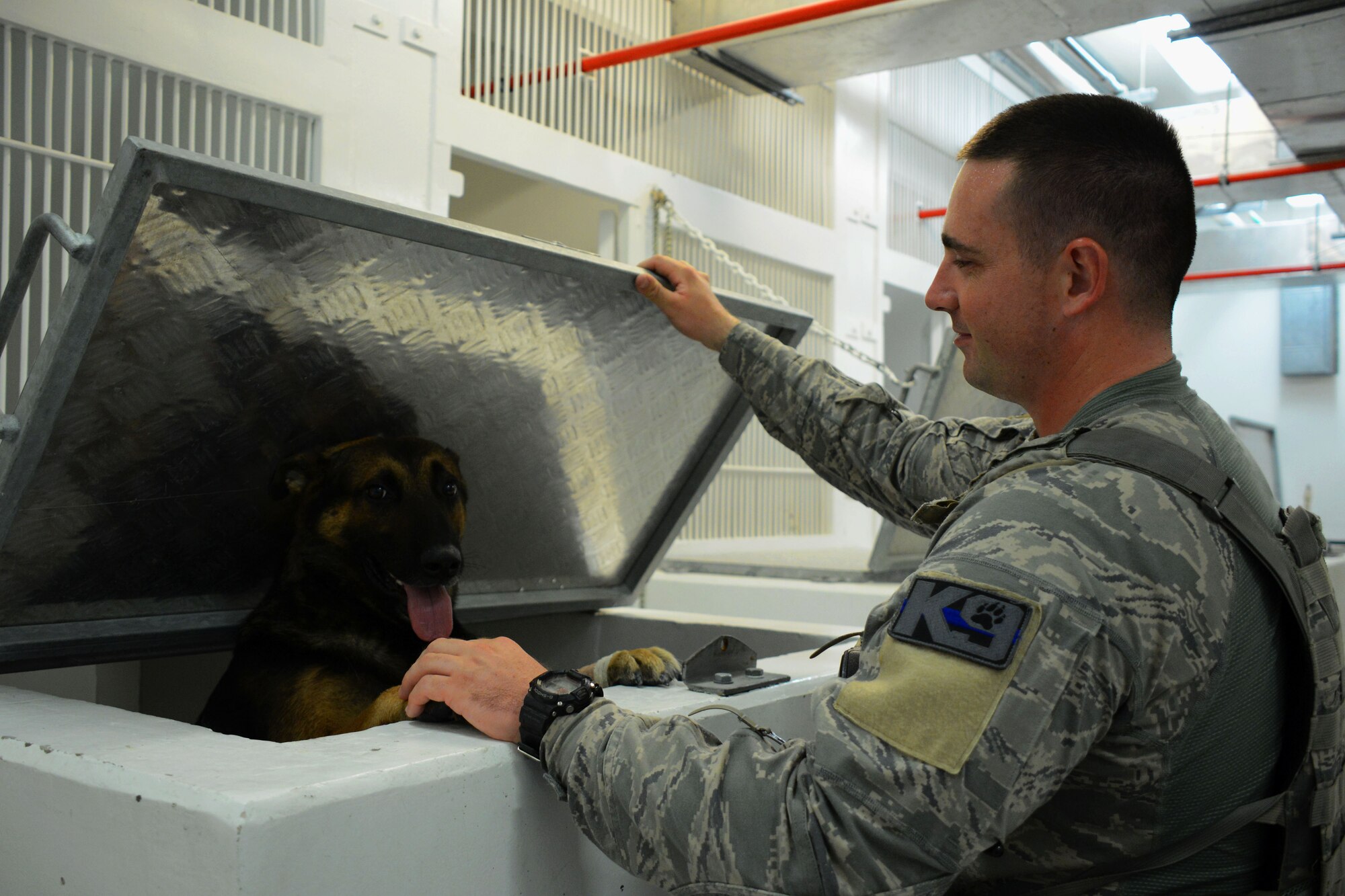 Staff Sgt. Jacob Brown, 379th Expeditionary Security Forces Squadron military working dog handler, prepares his dog, Grim, for training Sept. 15, 2016, at Al Udeid Air Base, Qatar. MWDs and their handlers directly support the Vehicle Search Area and detection sweeps around critical assets on base. They patrol all of the coalition facilities regularly to ensure the safety of Team AUAB. (U.S. Air Force photo/Senior Airman Melissa Buonanducci/Released)