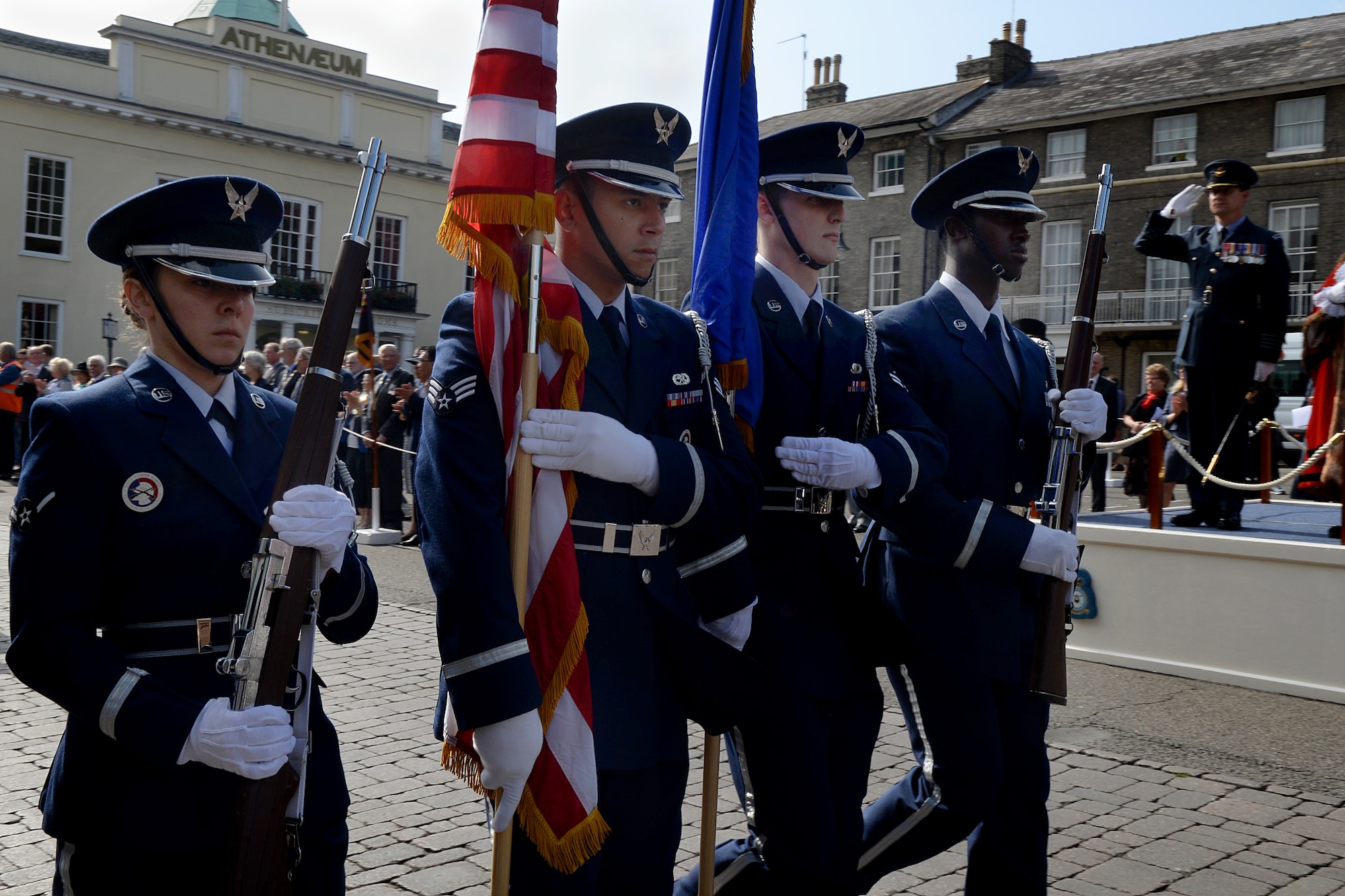 U.S. Air Force honor guard members march during the Battle of Britain parade Sept. 19, 2016, in Bury St. Edmunds, England. The Battle of Britain parade participants started the march out of the Abbey Gardens, followed the route along Angel Hill to St. Mary’s Church then ended back in the gardens. (U.S. Air Force photo by Airman 1st Class Tenley Long)