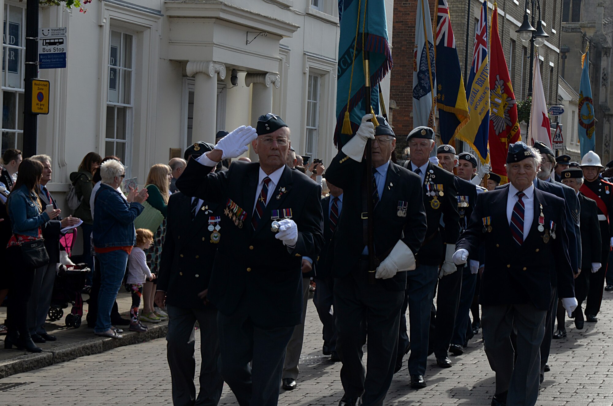 Veterans, community leaders and members of the armed forces march during the Battle of Britain parade Sept. 19, 2016, in Bury St. Edmunds, England. The parade, led by the band of the Royal Air Force Regiment, serves as a reminder of the Battle of Britain. (U.S. Air Force photo by Airman 1st Class Tenley Long)