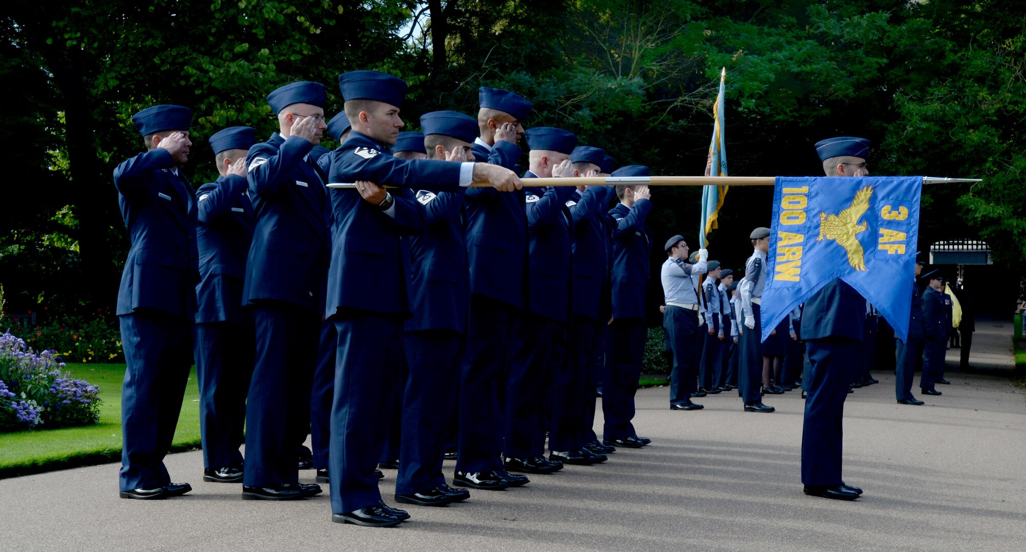U.S. Air Force Airmen from RAF Mildenhall participate in the Battle of Britain parade Sept. 19, 2016, in Bury St. Edmunds, England. The annual parade, held on the Sunday falling closest to Sept. 15 – Battle of Britain Day – ended with a salute in the Abbey Gardens. (U.S. Air Force photo by Airman 1st Class Tenley Long)