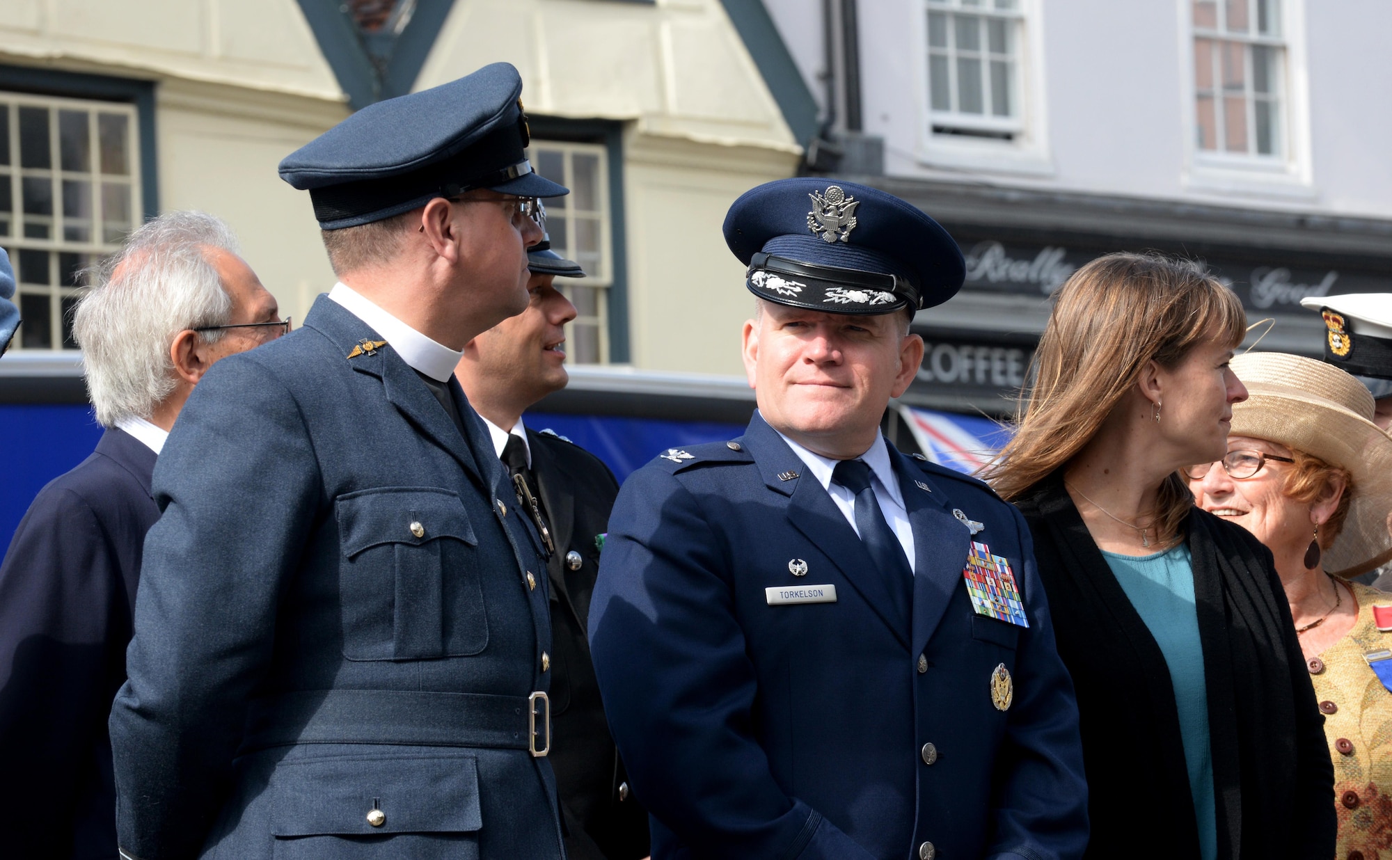 U.S. Air Force Col. Thomas Torkelson, center, 100th Air Refueling Wing commander, and his wife, Debbie, right, attend the Battle of Britain parade Sept. 19, 2016, in Bury St. Edmunds, England. The parade pays tribute to those who served in the Battle of Britain in 1940. (U.S. Air Force photo by Airman 1st Class Tenley Long)

