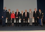 DLA senior leaders and 2015 Hall of Fame honorees at the Sept. 20, 2016, induction ceremony at Fort Belvoir, Virginia. From left: Air Force Lt. Gen. Andy Busch, Albert Kluczynski (on behalf of Paula Kluczynski), Celia Adolphi, David Ennis, Paul Zebrowski, Kent Galbraith, Mike Cannon (on behalf of Krissie Davis), Retired Vice Adm. Al Thompson, and Army Command Sgt. Maj. Charles Tobin.