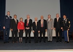 DLA senior leaders and 2015 Hall of Fame honorees at the Sept. 20, 2016, induction ceremony at Fort Belvoir, Virginia. From left: Air Force Lt. Gen. Andy Busch, Albert Kluczynski (on behalf of Paula Kluczynski), Celia Adolphi, David Ennis, Paul Zebrowski, Kent Galbraith, Mike Cannon (on behalf of Krissie Davis), Retired Vice Adm. Al Thompson, and Army Command Sgt. Maj. Charles Tobin.