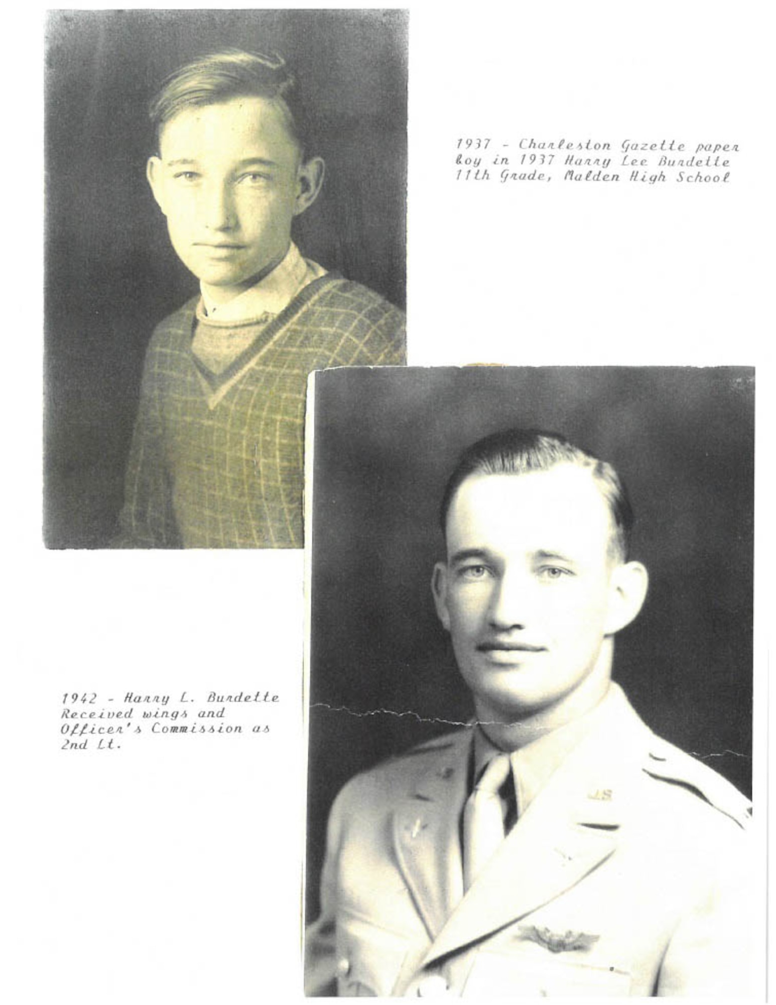 2nd Lt. Harry Burdette's portrait (right) taken in March, 1943 when he recieved his officer's commission and his pilot's wings. His photo from high school six years previous in Malden, W. Va. (Courtesy photo-Richard Burdette/Released)
